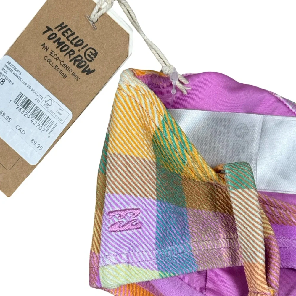 NWT Billabong Warm Waves Lila DD Bralette Pastel Plaid Swimsuit Bikini Top Small